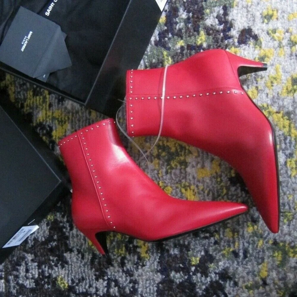 NEW $1400 SAINT LAURENT CHARLOTTE BOOTS STUDDED RED